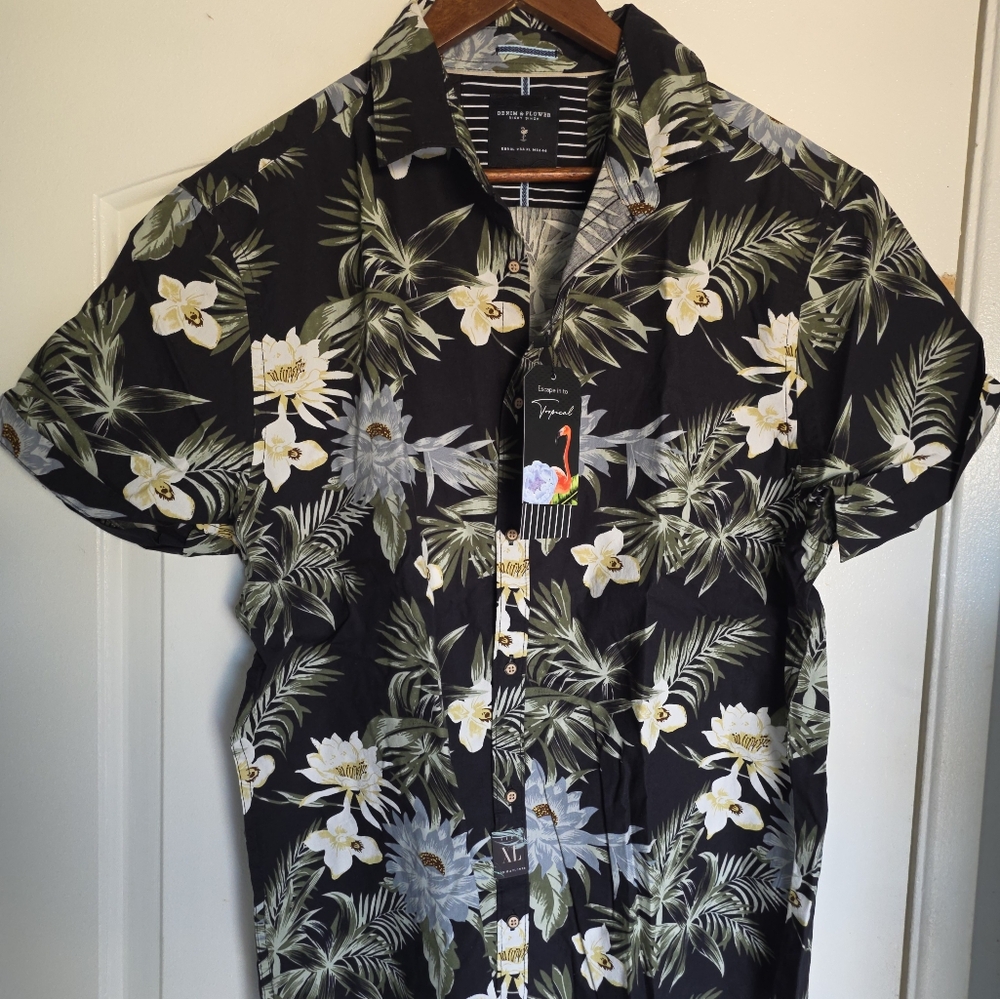 Men's Denim & Flower Black Yellow Casual Button Down Shirt Tropical XL